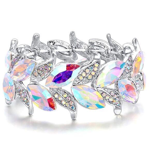 Silver and Iridescent AB Austrian Crystal Leaf Stetchable Bracelet Bangle - Picture 1 of 5